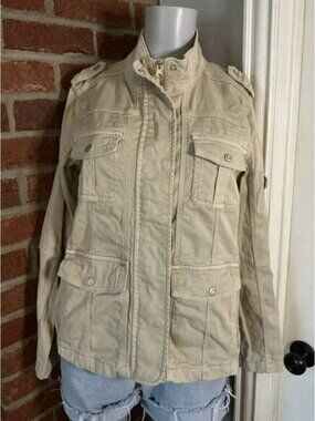 Kensie Jeans Utility Jacket Beige Military Style Zip Snap Front Cotton Stretch L